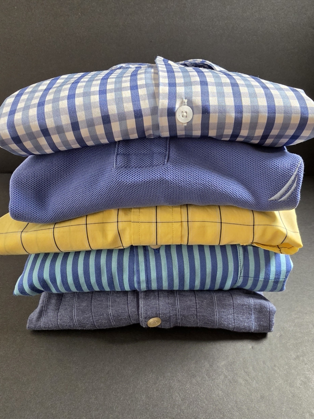 Bundle Of 5 Nautica Men's Blue & White Gingham Polo and Shirt Stack